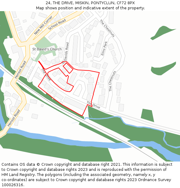 24, THE DRIVE, MISKIN, PONTYCLUN, CF72 8PX: Location map and indicative extent of plot