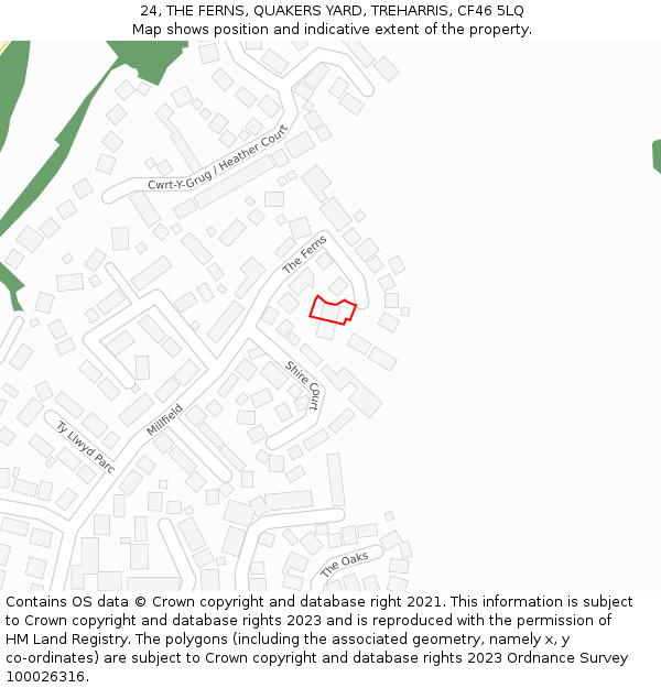 24, THE FERNS, QUAKERS YARD, TREHARRIS, CF46 5LQ: Location map and indicative extent of plot