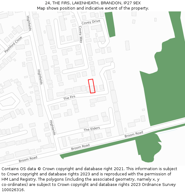 24, THE FIRS, LAKENHEATH, BRANDON, IP27 9EX: Location map and indicative extent of plot