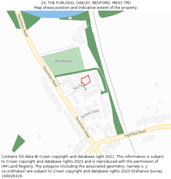 24, THE FURLONG, OAKLEY, BEDFORD, MK43 7RD: Location map and indicative extent of plot