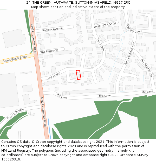 24, THE GREEN, HUTHWAITE, SUTTON-IN-ASHFIELD, NG17 2RQ: Location map and indicative extent of plot