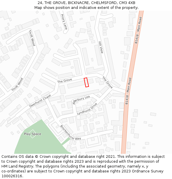 24, THE GROVE, BICKNACRE, CHELMSFORD, CM3 4XB: Location map and indicative extent of plot