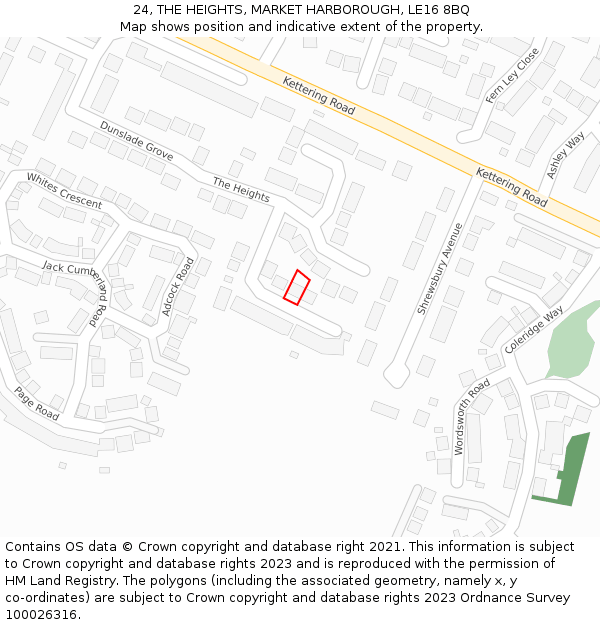 24, THE HEIGHTS, MARKET HARBOROUGH, LE16 8BQ: Location map and indicative extent of plot
