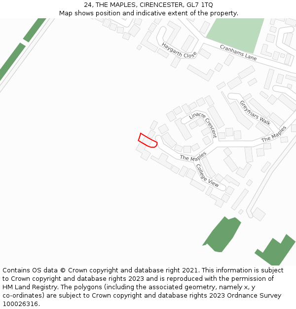 24, THE MAPLES, CIRENCESTER, GL7 1TQ: Location map and indicative extent of plot