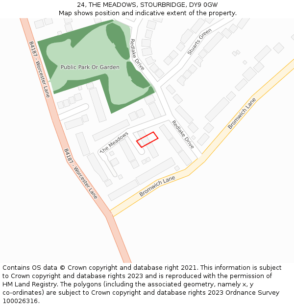 24, THE MEADOWS, STOURBRIDGE, DY9 0GW: Location map and indicative extent of plot