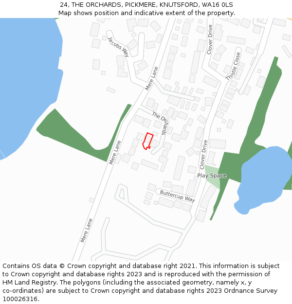 24, THE ORCHARDS, PICKMERE, KNUTSFORD, WA16 0LS: Location map and indicative extent of plot