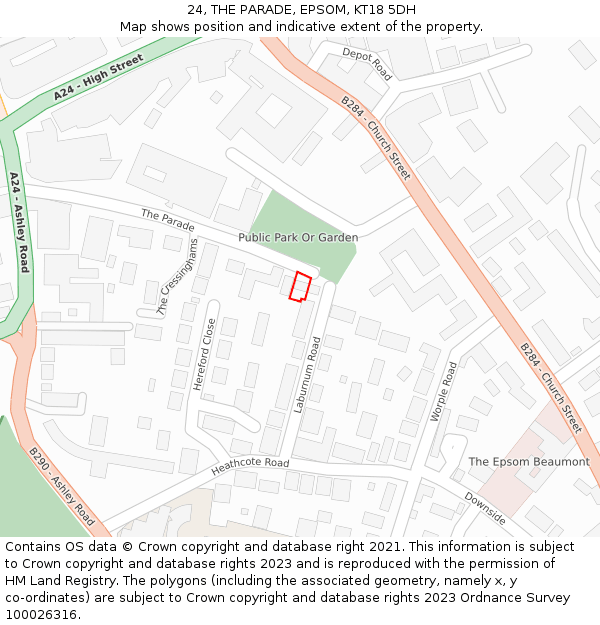 24, THE PARADE, EPSOM, KT18 5DH: Location map and indicative extent of plot