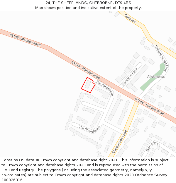 24, THE SHEEPLANDS, SHERBORNE, DT9 4BS: Location map and indicative extent of plot