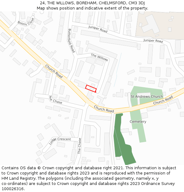 24, THE WILLOWS, BOREHAM, CHELMSFORD, CM3 3DJ: Location map and indicative extent of plot