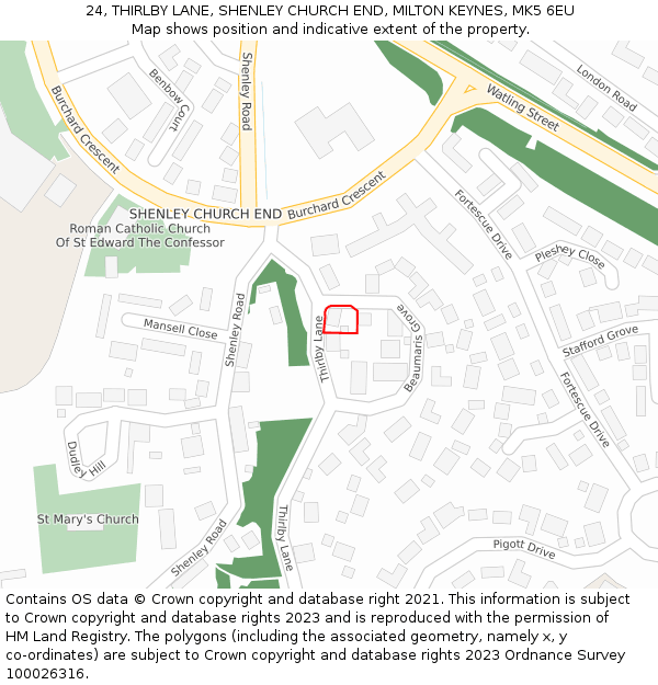 24, THIRLBY LANE, SHENLEY CHURCH END, MILTON KEYNES, MK5 6EU: Location map and indicative extent of plot