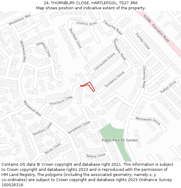 24, THORNBURY CLOSE, HARTLEPOOL, TS27 3RA: Location map and indicative extent of plot