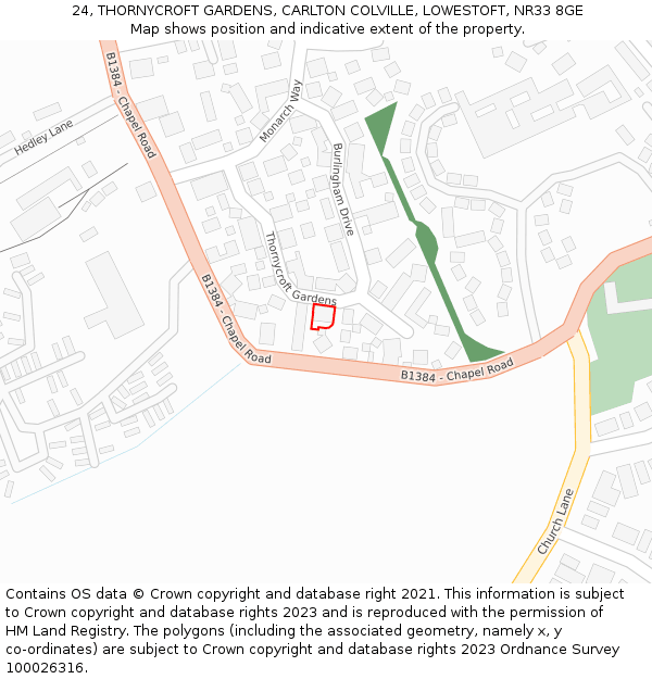 24, THORNYCROFT GARDENS, CARLTON COLVILLE, LOWESTOFT, NR33 8GE: Location map and indicative extent of plot