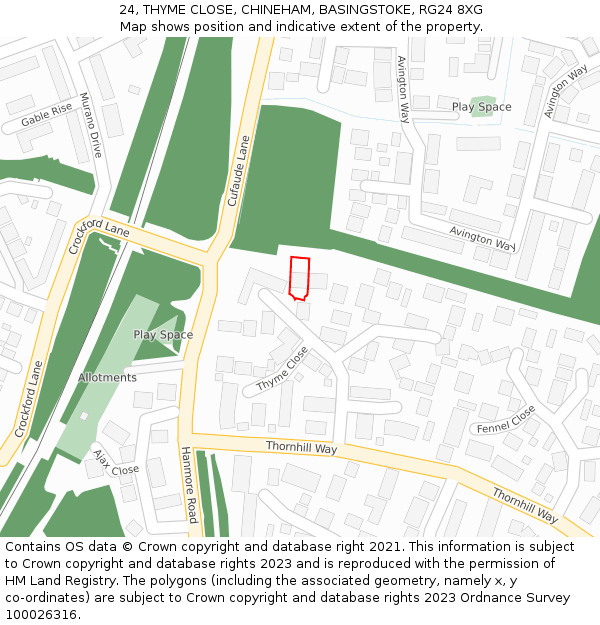 24, THYME CLOSE, CHINEHAM, BASINGSTOKE, RG24 8XG: Location map and indicative extent of plot
