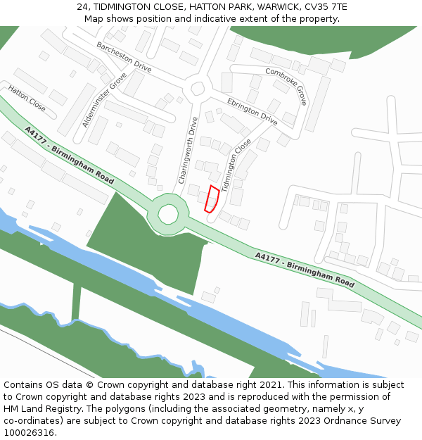 24, TIDMINGTON CLOSE, HATTON PARK, WARWICK, CV35 7TE: Location map and indicative extent of plot