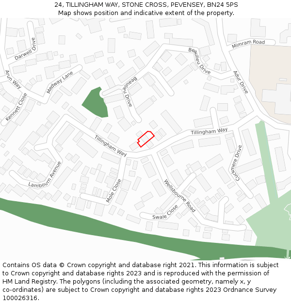 24, TILLINGHAM WAY, STONE CROSS, PEVENSEY, BN24 5PS: Location map and indicative extent of plot