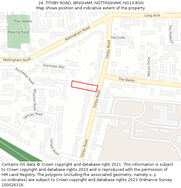 24, TITHBY ROAD, BINGHAM, NOTTINGHAM, NG13 8GN: Location map and indicative extent of plot