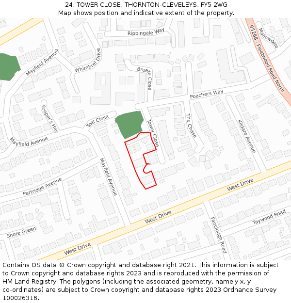 24, TOWER CLOSE, THORNTON-CLEVELEYS, FY5 2WG: Location map and indicative extent of plot