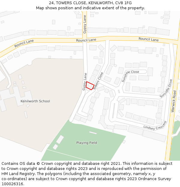 24, TOWERS CLOSE, KENILWORTH, CV8 1FG: Location map and indicative extent of plot