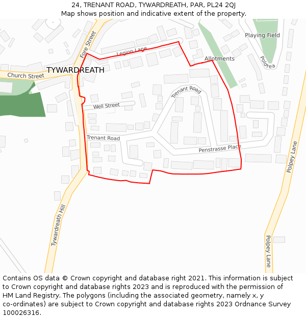 24, TRENANT ROAD, TYWARDREATH, PAR, PL24 2QJ: Location map and indicative extent of plot