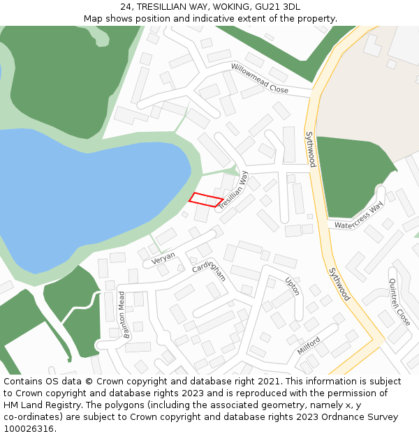 24, TRESILLIAN WAY, WOKING, GU21 3DL: Location map and indicative extent of plot