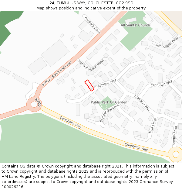 24, TUMULUS WAY, COLCHESTER, CO2 9SD: Location map and indicative extent of plot
