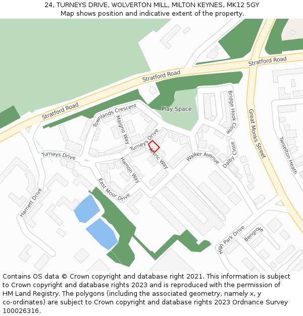 24, TURNEYS DRIVE, WOLVERTON MILL, MILTON KEYNES, MK12 5GY: Location map and indicative extent of plot