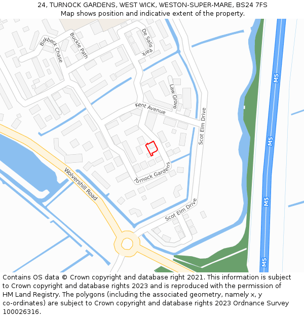 24, TURNOCK GARDENS, WEST WICK, WESTON-SUPER-MARE, BS24 7FS: Location map and indicative extent of plot