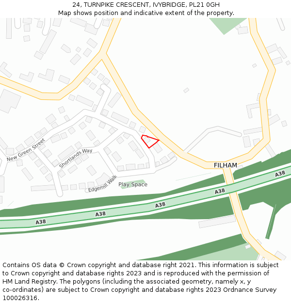 24, TURNPIKE CRESCENT, IVYBRIDGE, PL21 0GH: Location map and indicative extent of plot