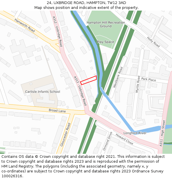 24, UXBRIDGE ROAD, HAMPTON, TW12 3AD: Location map and indicative extent of plot