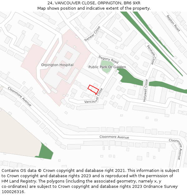 24, VANCOUVER CLOSE, ORPINGTON, BR6 9XR: Location map and indicative extent of plot