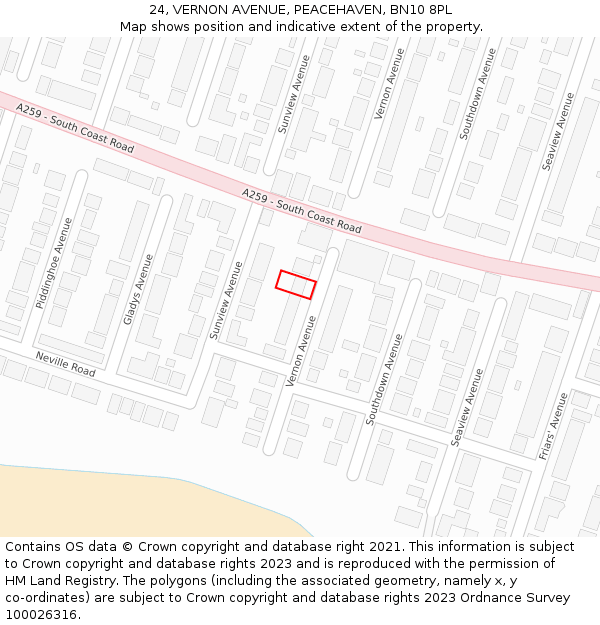 24, VERNON AVENUE, PEACEHAVEN, BN10 8PL: Location map and indicative extent of plot