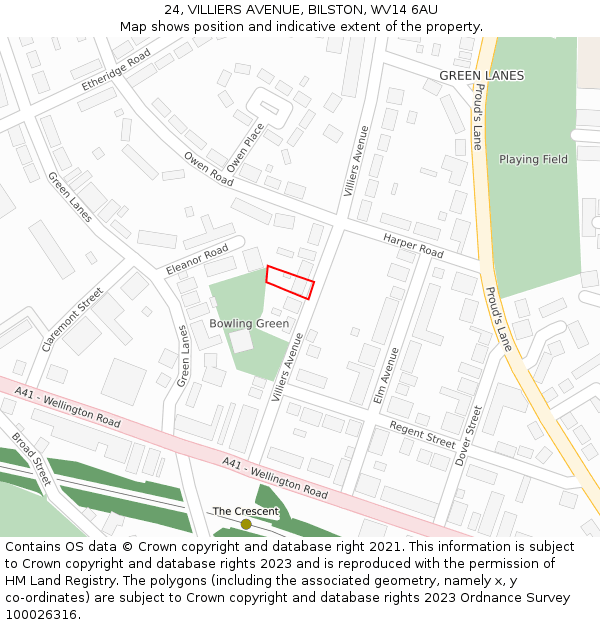 24, VILLIERS AVENUE, BILSTON, WV14 6AU: Location map and indicative extent of plot