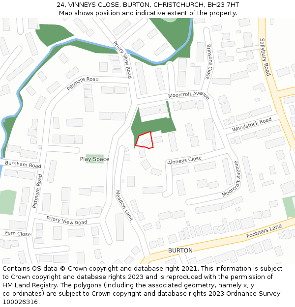 24, VINNEYS CLOSE, BURTON, CHRISTCHURCH, BH23 7HT: Location map and indicative extent of plot