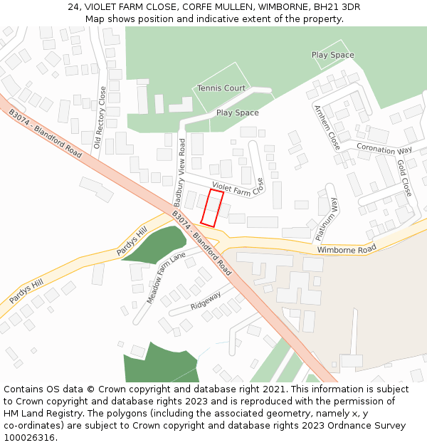 24, VIOLET FARM CLOSE, CORFE MULLEN, WIMBORNE, BH21 3DR: Location map and indicative extent of plot