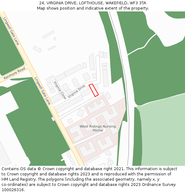 24, VIRGINIA DRIVE, LOFTHOUSE, WAKEFIELD, WF3 3TA: Location map and indicative extent of plot