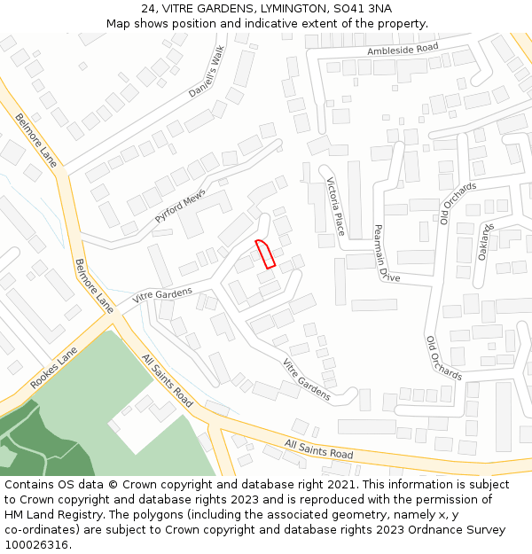 24, VITRE GARDENS, LYMINGTON, SO41 3NA: Location map and indicative extent of plot