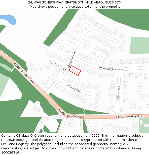 24, WAGGONERS WAY, GRAYSHOTT, HINDHEAD, GU26 6DX: Location map and indicative extent of plot