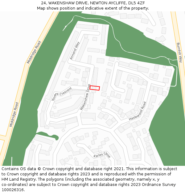 24, WAKENSHAW DRIVE, NEWTON AYCLIFFE, DL5 4ZF: Location map and indicative extent of plot