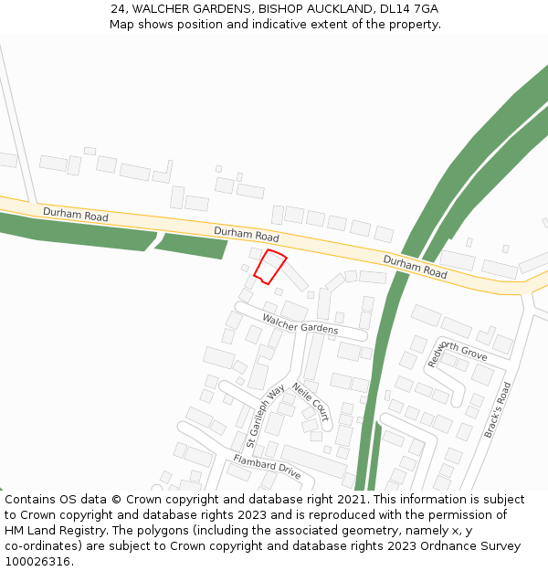 24, WALCHER GARDENS, BISHOP AUCKLAND, DL14 7GA: Location map and indicative extent of plot