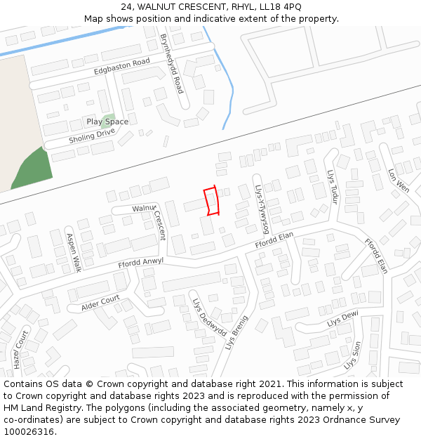 24, WALNUT CRESCENT, RHYL, LL18 4PQ: Location map and indicative extent of plot