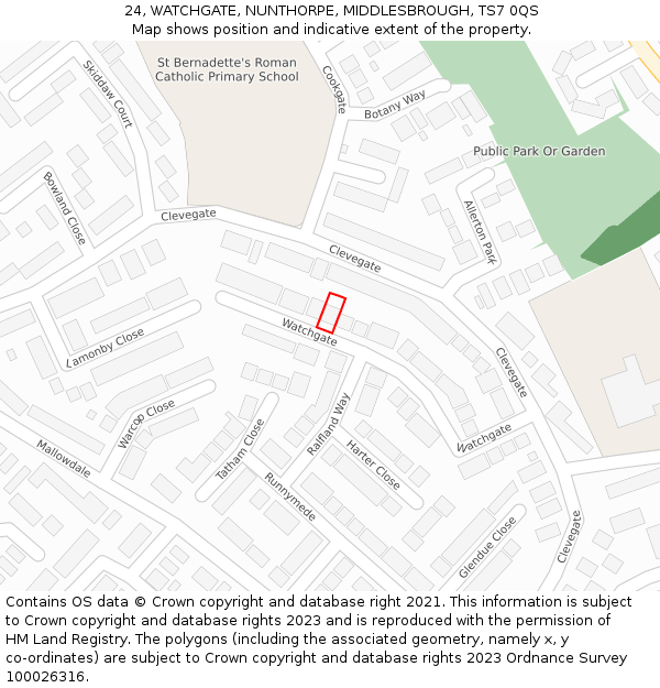 24, WATCHGATE, NUNTHORPE, MIDDLESBROUGH, TS7 0QS: Location map and indicative extent of plot