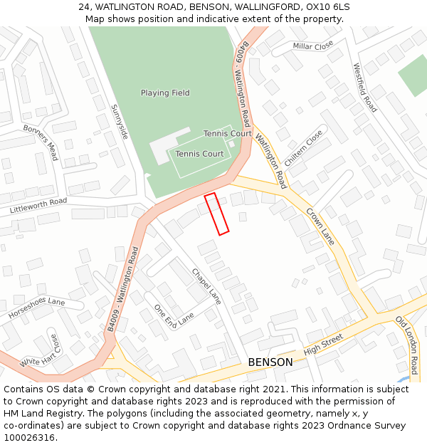 24, WATLINGTON ROAD, BENSON, WALLINGFORD, OX10 6LS: Location map and indicative extent of plot
