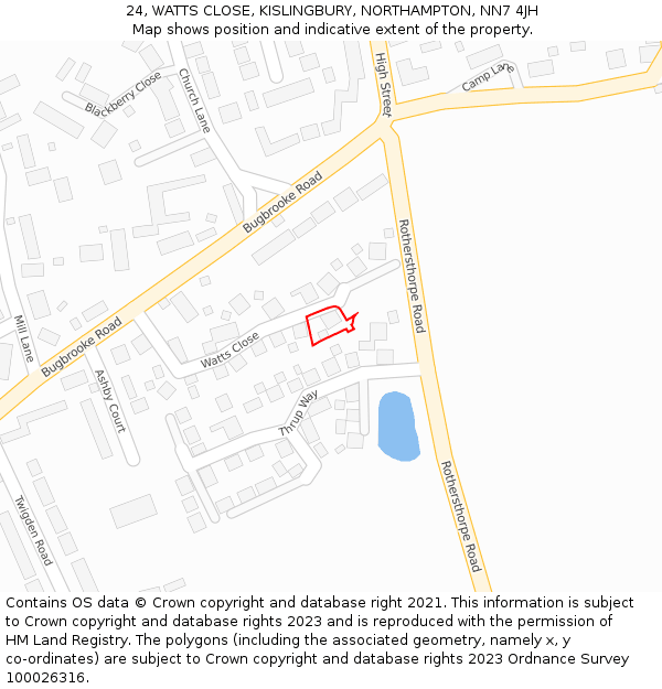 24, WATTS CLOSE, KISLINGBURY, NORTHAMPTON, NN7 4JH: Location map and indicative extent of plot