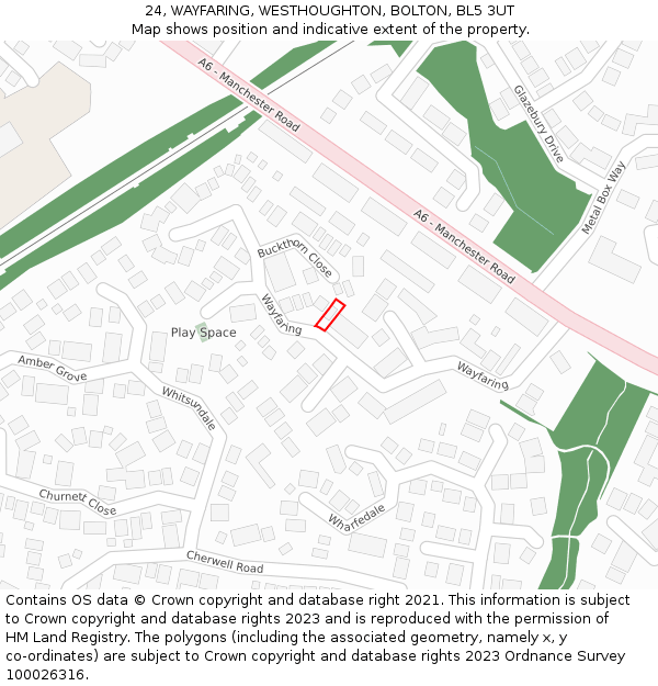 24, WAYFARING, WESTHOUGHTON, BOLTON, BL5 3UT: Location map and indicative extent of plot