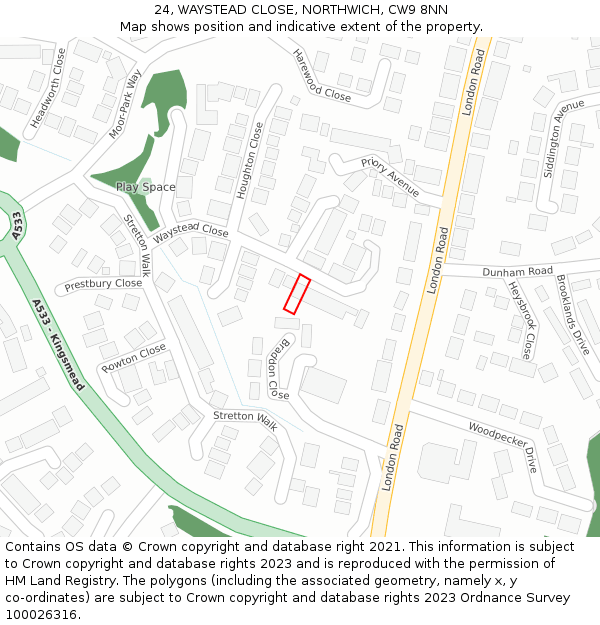 24, WAYSTEAD CLOSE, NORTHWICH, CW9 8NN: Location map and indicative extent of plot