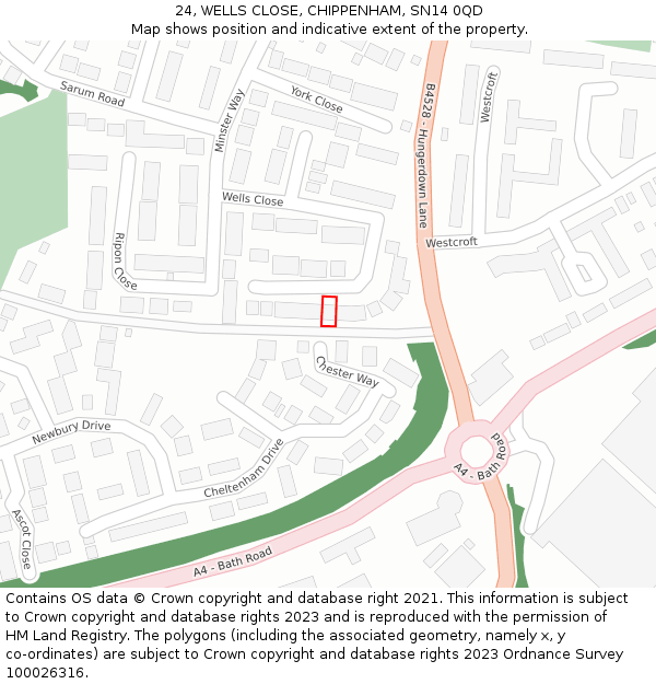 24, WELLS CLOSE, CHIPPENHAM, SN14 0QD: Location map and indicative extent of plot