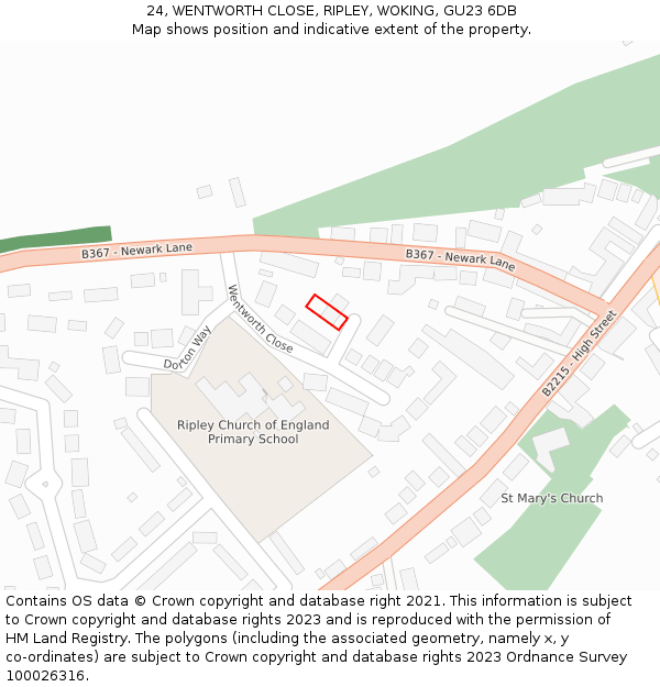 24, WENTWORTH CLOSE, RIPLEY, WOKING, GU23 6DB: Location map and indicative extent of plot
