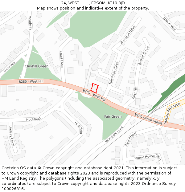 24, WEST HILL, EPSOM, KT19 8JD: Location map and indicative extent of plot