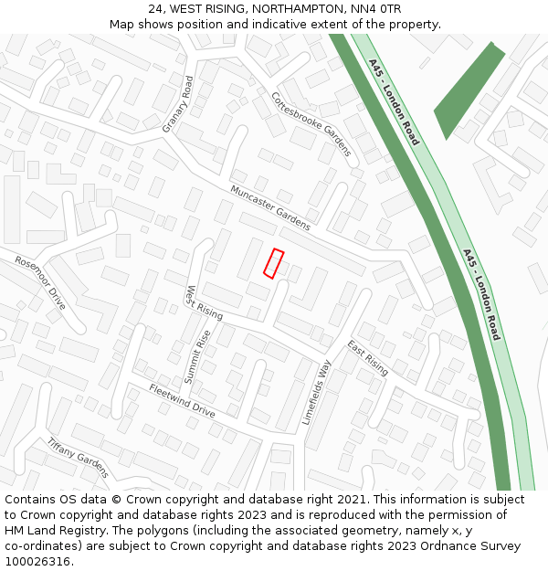 24, WEST RISING, NORTHAMPTON, NN4 0TR: Location map and indicative extent of plot