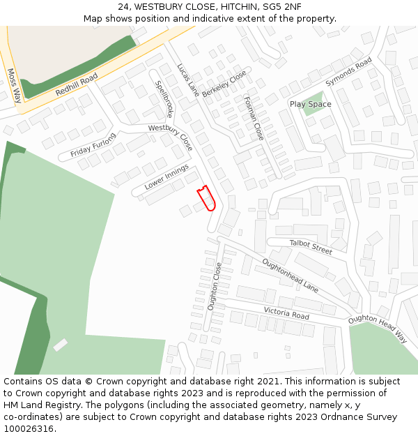 24, WESTBURY CLOSE, HITCHIN, SG5 2NF: Location map and indicative extent of plot